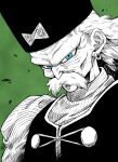  1boy absurdres blue_eyes commentary_request dr._gero_(dragon_ball) dragon_ball dragon_ball_z earrings facial_hair green_background hat highres jewelry liedein male_focus monochrome mustache old old_man portrait solo spot_color 