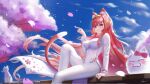 1girl animal_ears blue_sky cat cat_ears cat_girl cherry_blossoms clouds commentary_request falling_petals flower hibiki_du_ca highres hitatsuphat nijigen_project petals sitting sky tail vietnamese_clothes vietnamese_commentary vietnamese_dress white_catrn