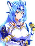  1girl alear_(female)_(fire_emblem) alear_(female)_(fire_emblem)_(cosplay) alear_(fire_emblem) android blue_eyes blue_hair breasts cosplay elbow_gloves fire_emblem fire_emblem_engage gloves highres kos-mos large_breasts long_hair looking_at_viewer medium_breasts simple_background solo to_(tototo_tk) very_long_hair xenosaga 