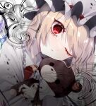  1girl ?_(spsp2323) bangs blonde_hair blush flandre_scarlet hat highres long_sleeves looking_at_viewer looking_to_the_side mob_cap object_hug one_eye_closed red_eyes solo stuffed_animal stuffed_toy teddy_bear touhou white_hair white_headwear 