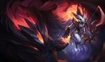  1girl armor bad_source bow_(weapon) colored_skin gem glowing glowing_eyes holding holding_bow_(weapon) holding_weapon horns lamb_(league_of_legends) league_of_legends leotard long_hair mask official_art red_eyes redhead shadowfire_kindred sharp_teeth standing teeth wading water weapon white_skin wolf wolf_(league_of_legends) 