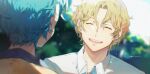  2boys :d bangs blonde_hair blue_hair blurry blurry_background closed_eyes day facing_viewer fish191101756 highres male_focus messy_hair miyasumi_tatsuru multiple_boys outdoors parted_bangs ryman&#039;s_club shiratori_mikoto_(ryman&#039;s_club) shirt smile upper_body white_shirt 