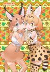  2girls animal_ears belt blonde_hair blue_eyes bow bowtie caracal_(kemono_friends) cat_ears cat_girl cat_tail closed_mouth elbow_gloves extra_ears gloves kemono_friends looking_at_viewer multiple_girls official_art open_mouth orange_hair serval_(kemono_friends) shirt short_hair simple_background skirt sleeveless sleeveless_shirt socks tail thigh-highs yellow_eyes yoshizaki_mine 