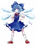  1girl bangs blue_bow blue_eyes blue_hair bow bowtie cirno closed_mouth commentary_request detached_wings full_body ga9ypzf1adfnx2c hair_bow highres ice ice_wings looking_at_viewer red_bow red_bowtie red_footwear short_hair short_sleeves smile socks solo standing touhou white_socks wings 