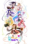  6+girls akatsuki_banmai black_hair blonde_hair commentary_request eggplant happy hat heart hibiki_du_ca highres hitatsuphat kisaki_tencha logo misora_kanon multicolored_hair multiple_girls natsumi_hachi nijigen_project nika_lan_linh nika_linh_lan pink_hair purple_hair smile vietnamese_commentary 