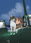  1girl ahoge aircraft animal annin_musou b7a_ryuusei bangs blush brown_hair cat clouds day fairy_(kancolle) flying_sweatdrops hair_between_eyes hairband highres kantai_collection long_hair long_sleeves open_mouth ponytail sky smile solo vehicle_request white_hairband 