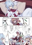  2girls absurdres ascot bat_wings blonde_hair bow crystal flandre_scarlet hat hat_ribbon highres himadera long_hair mob_cap multiple_girls puffy_sleeves red_eyes remilia_scarlet ribbon shirt short_hair short_sleeves side_ponytail skirt sleeping touhou translation_request wings 