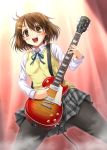  brown_eyes brown_hair flying_sweatdrops guitar hair_ornament hairclip hirasawa_yui instrument k-on! miyai_max pantyhose school_uniform skirt solo sweat sweater_vest 