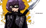  cape english gloves green_eyes highres hit-girl kick-ass mask polearm purple_hair wallpaper weapon 