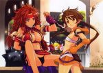  absurdres breasts brown_hair cleavage elbow_gloves flat_chest food fruit gloves grapes highres large_breasts listy monkey no_panties nowa panties queen&#039;s_blade queen's_blade risty ruu_(queen's_blade) staff twintails 
