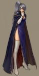  boots bracelet breasts cape cleavage dress fire_emblem fire_emblem:_seisen_no_keifu fire_emblem_genealogy_of_the_holy_war high_heels ishtar_(fire_emblem) jewelry long_hair purple_eyes shoes side_ponytail side_slit silver_hair thigh-highs thigh_boots thighhighs violet_eyes 