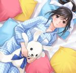  long_hair love_plus lying mino_tarou official_art pajamas pillow ponytail stuffed_animal stuffed_toy takane_manaka 
