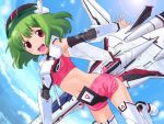  cloud green_hair macross macross_frontier macross_frontier:_itsuwari_no_utahime mecha mecha_musume midriff ranka_lee red_eyes shirt sky thigh-highs thighhighs u.n._spacy vf-25 