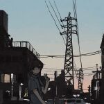  1girl absurdres bangs black_eyes brown_hair car city grey_shirt ground_vehicle hair_between_eyes highres looking_at_viewer motor_vehicle original outdoors parted_lips power_lines scenery shirt short_hair short_sleeves sky transmission_tower uniunimikan utility_pole v 