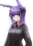  1girl 3_(sanyako1) :3 animal_ears arknights black_bow black_choker black_jacket blue_eyes blush bow choker closed_mouth hair_bow highres jacket long_hair long_sleeves looking_at_viewer purple_hair rabbit_ears rope_(arknights) simple_background smile solo white_background 