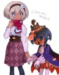  1boy 1girl allister_(fall_2022)_(pokemon) allister_(pokemon) argyle argyle_skirt bea_(palentine&#039;s_2022)_(pokemon) bea_(pokemon) black_hair brown_headwear chiimako closed_mouth dark-skinned_female dark_skin grey_eyes hairband hand_up hat high-waist_skirt jpeg_artifacts long_sleeves looking_at_another mask official_alternate_costume pokemon pokemon_(game) pokemon_masters_ex scarf simple_background skirt smile standing sweater sweater_tucked_in unmoving_pattern white_background 