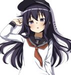  1girl akatsuki_(kancolle) anchor_symbol artist_name bangs black_headwear black_sailor_collar blush commentary_request flat_cap hair_between_eyes hat kantai_collection long_hair long_sleeves moti_coi neckerchief one-hour_drawing_challenge open_mouth purple_hair red_neckerchief sailor_collar school_uniform serafuku signature simple_background solo upper_body violet_eyes white_background 
