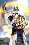  1boy abs armguards black_bodysuit blue_sky bodysuit bug english_commentary gold_armor highres kamen_rider kamen_rider_gazer kamen_rider_geats_(series) looking_at_viewer male_focus manly perspective reiei_8 signature sky sunlight tokusatsu vambraces vision_driver white_bodysuit 