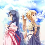  2girls air_(visual_novel) arms_behind_back back-to-back black_dress blonde_hair blue_eyes blue_hair blue_sky bow breasts closed_mouth clouds commentary_request dress hair_bow kamio_misuzu kannabi_no_mikoto long_hair multiple_girls outdoors own_hands_together ponytail ribbon-trimmed_sleeves ribbon_trim sky smile upper_body white_bow wide_sleeves yuzuki_karin 