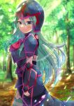  1girl armor bangs black_headwear black_thighhighs blurry blurry_background blush closed_mouth commentary_request commission day depth_of_field fire_emblem fire_emblem:_path_of_radiance from_side green_eyes green_hair hair_between_eyes helmet kou_hiyoyo long_hair looking_at_viewer looking_to_the_side nephenee_(fire_emblem) outdoors skeb_commission solo thigh-highs tree vambraces very_long_hair 