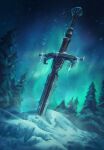  aurora game_cg gwent_(game) highres icicle night no_humans non-web_source outdoors pine_tree planted planted_sword snow sword the_witcher_(series) tree weapon 