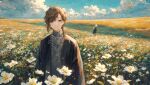  2boys black_jacket blue_eyes brown_hair catact41 clouds cloudy_sky dog_tags ear_piercing field flower flower_field grey_sweater highres jacket jewelry kanae_(nijisanji) kuzuha_(nijisanji) low_ponytail mole mole_under_eye multiple_boys necklace nijisanji piercing short_hair side_ponytail sky sweater turtleneck turtleneck_sweater virtual_youtuber wavy_hair white_hair 