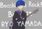  1girl absurdres bass_guitar blue_hair bob_cut bocchi_the_rock! character_name copyright_name crossed_arms dorarin ear_piercing formal grey_background highres instrument piercing short_hair simple_background solo suit yamada_ryou yellow_eyes 