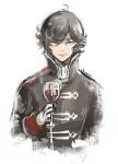  1boy artist_name black_hair commentary_request cup dragan_aesfrost drinking_glass gloves holding holding_cup looking_at_viewer male_focus mixed-language_commentary niyasu red_wine simple_background solo triangle_strategy upper_body white_background white_gloves wine_glass 