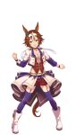  1girl :d animal_ears bamboo_memory_(umamusume) blush brown_hair clenched_hands ear_bow full_body hachimaki hair_between_eyes headband highres horse_ears horse_girl horse_tail jacket looking_at_viewer midriff multicolored_hair official_art purple_thighhighs red_shorts short_hair shorts simple_background smile solo starting_future_(umamusume) streaked_hair tail thigh-highs transparent_background two-tone_hair umamusume white_hair white_jacket 