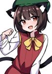  1girl absurdres animal_ears bangs blush brown_eyes brown_hair cat_ears cat_girl cat_tail chen fangs green_headwear hat highres long_sleeves looking_at_viewer mob_cap open_mouth ribbon short_hair simple_background smile tail touhou white_background yellow_ribbon yonaguni 