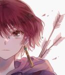  1girl akatsuki_no_yona arrow_(projectile) blush closed_mouth commentary_request earrings highres jewelry kumagai_yuka looking_at_viewer one_eye_covered petals redhead short_hair solo tassel tassel_earrings violet_eyes white_background yona_(akatsuki_no_yona) 