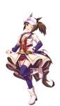  1girl ;d animal_ears breasts brown_hair choker ear_covers full_body green_eyes highres horse_ears horse_girl horse_tail ines_fujin_(umamusume) jacket large_breasts leg_up long_sleeves looking_at_viewer midriff official_art one_eye_closed purple_thighhighs red_shorts shorts side_ponytail simple_background single_ear_cover smile solo starting_future_(umamusume) tail thigh-highs transparent_background umamusume visor_cap white_jacket 