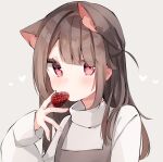  1girl animal_ears asymmetrical_bangs bangs brown_hair brown_vest cat_ears commentary_request dot_nose eyes_visible_through_hair food fruit grey_background heart heripiro highres holding holding_food holding_fruit light_blush long_hair long_sleeves looking_at_viewer original portrait red_eyes shirt solo strawberry vest white_shirt 