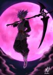  1boy absurdres boots clouds commentary dougi dragon_ball dragon_ball_super earrings evil_smile from_side full_body full_moon goku_black hand_on_hip highres holding holding_scythe jewelry liedein male_focus moon night outdoors pink_eyes pink_hair pink_theme scythe signature smile solo super_saiyan super_saiyan_rose twitter_username white_footwear 