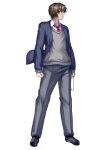  1boy black_footwear blue_jacket brown_eyes brown_hair dark_skin dress_shoes grey_pants highres holding jacket kouyoku_senki_exs-tia kozu_rokuta looking_to_the_side necktie open_clothes open_jacket pants red_necktie school_uniform shihou_souma white_background 