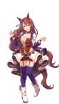  1girl :d animal_ears blue_eyes boots breasts brown_hair highres horse_ears horse_girl horse_tail jacket large_breasts long_hair looking_at_viewer midriff official_art purple_thighhighs red_shorts shorts simple_background smile solo starting_future_(umamusume) super_creek_(umamusume) tail thigh-highs transparent_background umamusume very_long_hair white_footwear white_jacket 