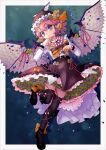  1girl animal_ears belt bird_ears bird_wings black_footwear black_thighhighs brown_belt brown_headwear brown_skirt earrings fingernails flower full_body hair_between_eyes hat highres ikamagu jewelry long_fingernails long_sleeves mystia_lorelei parted_lips petticoat pink_flower pink_hair purple_flower sharp_fingernails shirt shoes short_hair simple_background single_earring skirt solo thigh-highs touhou violet_eyes white_background white_shirt winged_hat wings yellow_flower 