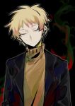  1boy absurdres atou_haruki black_jacket blonde_hair closed_eyes closed_mouth facing_viewer highres jacket long_sleeves male_focus missmomo152 open_clothes open_jacket saibou_shinkyoku short_hair sketch smile solo sweater turtleneck turtleneck_sweater upper_body yellow_sweater 