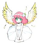  1girl angel angel_wings blush dress feathers flower green_eyes hair_flower hair_ornament harpy_(puyopuyo) looking_at_viewer madou_monogatari pink_hair puyopuyo short_hair simple_background solo white_background white_dress wings yellow_wings yun2bom 