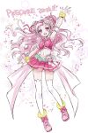  1girl back_bow bow clover_earrings commentary_request cone_hair_bun crop_top cure_yell full_body hair_bun hair_ornament heart heart_hair_ornament heart_pouch highres hugtto!_precure long_hair midriff navel nono_hana okayashi open_mouth pink_bow pink_eyes pink_footwear pink_hair pink_skirt pom_pom_(cheerleading) precure short_bangs skirt smile solo thigh-highs white_thighhighs 