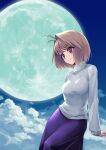  1girl antenna_hair arcueid_brunestud blonde_hair blush clouds cowboy_shot full_moon hair_intakes highres long_skirt long_sleeves moon nama_cream_croquette night purple_skirt red_eyes short_hair skirt sky smile solo sweater tsukihime turtleneck white_sweater 