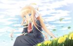  1girl air_(visual_novel) ascot bangs blonde_hair blue_eyes blue_sky closed_mouth clouds commentary dandelion flower highres juliet_sleeves kamio_misuzu long_hair long_sleeves looking_at_viewer outdoors ponytail puffy_sleeves red_ascot sidelocks sitting sky smile solo usacchi_(deep_marine) 