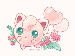  :o artist_name balloon commentary flower full_body green_eyes heart heart_balloon highres jigglypuff leaf looking_at_viewer mofucoffee no_humans open_mouth pink_flower plant pokemon pokemon_(creature) simple_background symbol-only_commentary twitter_username white_background 