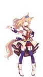  1girl animal_ears blonde_hair blue_eyes full_body gold_city_(umamusume) highres horse_ears horse_girl horse_tail jacket long_hair long_sleeves looking_at_viewer midriff official_art purple_thighhighs red_shorts shorts simple_background smile solo starting_future_(umamusume) tail thigh-highs transparent_background umamusume white_jacket 