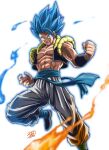  1boy abs absurdres blue_eyes blue_fire blue_hair clenched_hand commentary dragon_ball dragon_ball_super dragon_ball_super_broly fire gogeta highres liedein male_focus metamoran_vest muscular muscular_male open_mouth signature solo super_saiyan super_saiyan_blue 