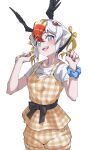  1girl absurdres belt bird_girl bird_wings black_belt black_bow black_hair blonde_hair blue_eyes blush bow commentary hair_between_eyes hair_bow head_wings highres kemono_friends kemono_friends_3 looking_at_viewer multicolored_hair open_mouth orange_hair orange_overalls overalls plaid_overalls scrunchie shirt short_hair short_sleeves smile solo t-shirt tanabe_(fueisei) tufted_puffin_(kemono_friends) white_hair white_shirt wings wrist_scrunchie yellow_bow 