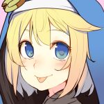 1girl :p androgyne_symbol artist_request blonde_hair blue_eyes bridget_(guilty_gear) close-up commentary english_commentary guilty_gear guilty_gear_strive hood hood_up hooded_jacket jacket looking_at_viewer medium_hair portrait tongue tongue_out transgender