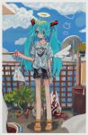  1girl angel_wings aqua_eyes aqua_hair bag bagged_fish balcony bangs black_shorts blue_sky border bucket carnivorous_plant closed_mouth clouds cloudy_sky collarbone dot_nose empty_eyes expressionless fish food full_body goldfish hair_between_eyes hair_ornament hairclip halo hammer hand_up hatsune_miku holding holding_bag long_hair meat nail_polish outdoors print_shirt sandals shirt short_sleeves shorts single_wing sky smoke solo standing striped striped_shorts t-shirt twintails vertical-striped_shorts vertical_stripes vocaloid wabun white_border white_shirt wings 