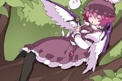  1girl bangs bird_wings black_pantyhose blush brown_dress brown_headwear dress feathered_wings frilled_dress frills hair_between_eyes hammer_(sunset_beach) hat in_tree long_sleeves mystia_lorelei open_mouth pantyhose pink_hair short_hair sitting sitting_in_tree sleeping sleeve_garter solo speech_bubble touhou tree white_wings winged_hat wings 