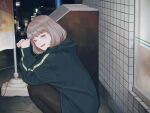  1girl bangs black_hoodie feet_out_of_frame flag grey_eyes grey_hair hands_up highres hood hoodie long_sleeves medium_hair open_mouth original smile solo tile_wall tiles utsuwa0120 wide_shot 